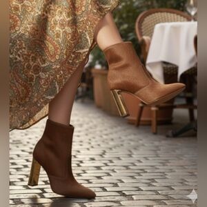 Glam 10 Western Boho Baddie Calf Hair Cowgirl Gold Block Heel Boots New